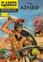 Classics Illustrated cover van De Aeneis door Vergilius met een strijdende Romeinse krijger en een brandend Trojaans paard.