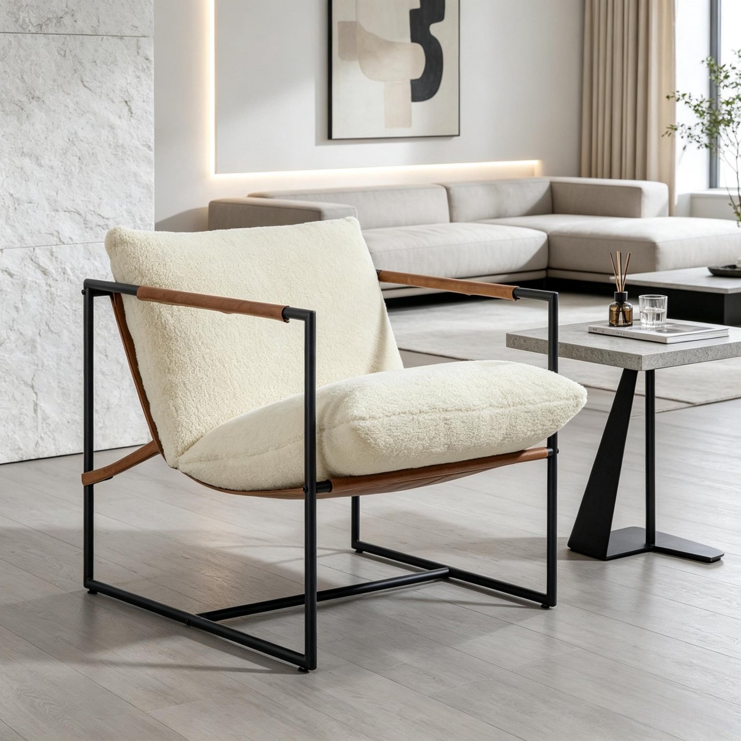MIVRAY Fauteuil 77 x 91 x 80 cm - Gepolsterde Bouclé Leesstoel Met Armleuningen - Voor Woonkamer en Leeshoek - Stof en Metaal Crème