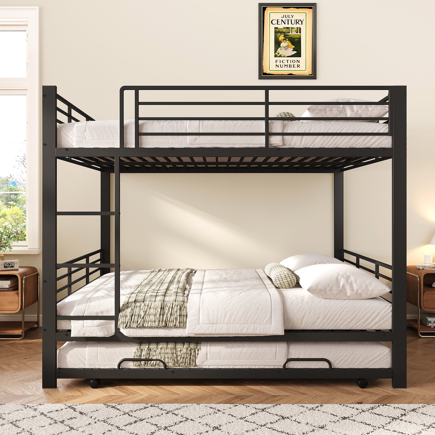 WUVRIE Stapelbed 140x200 cm - Met uitschuifbaar onderbed, ladder en uitvalbeveiliging - Zwart