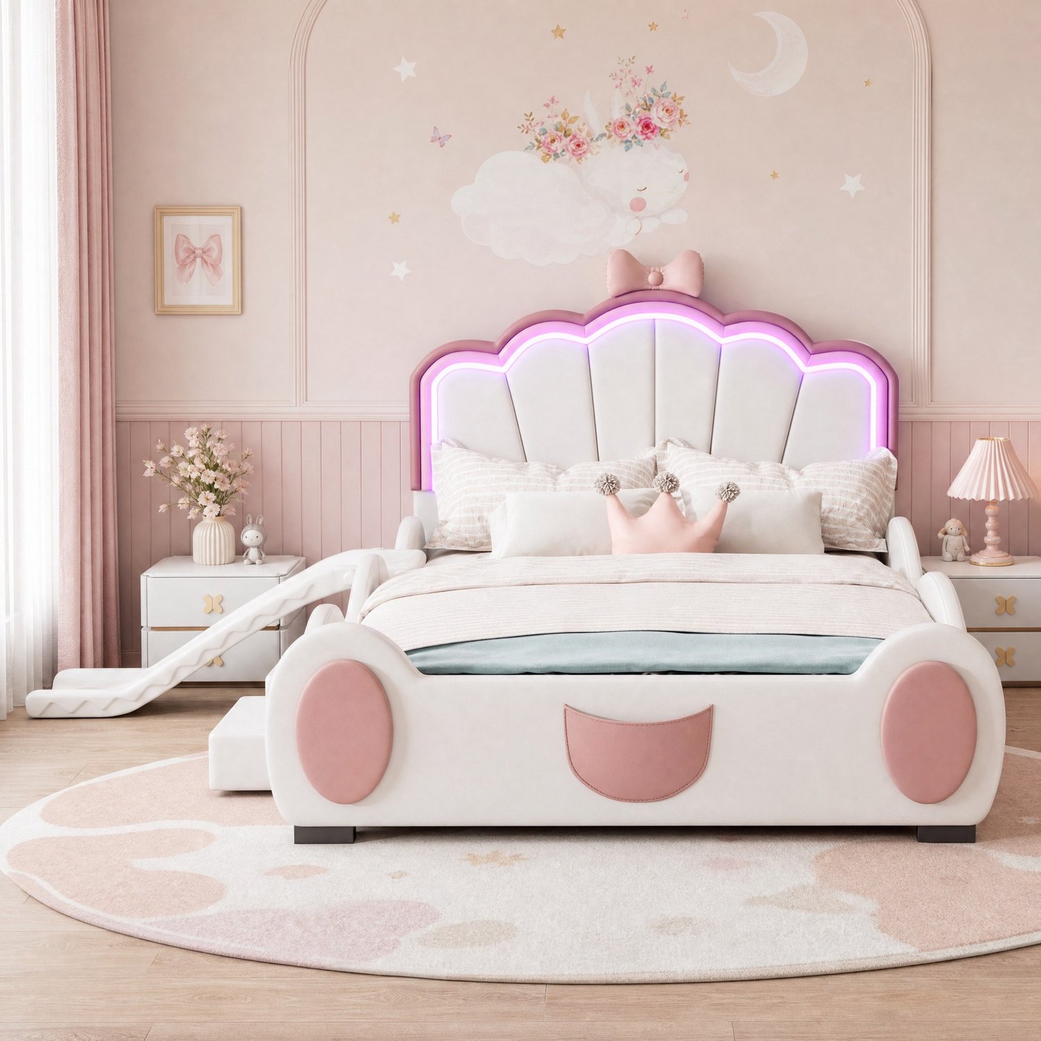 WUVRIE Kinderbed 140x200 cm - Met glijbaan en verstelbare LED-verlichting - Roze/wit Roze en wit
