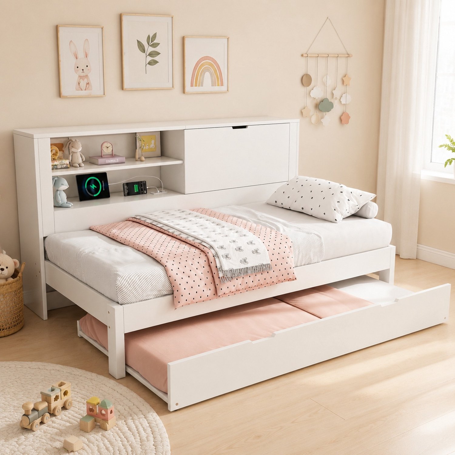 WUVRIE Slaapbank 90x190 cm - Uitschuifbed en opbergruimte - USB en USB-C - Wit