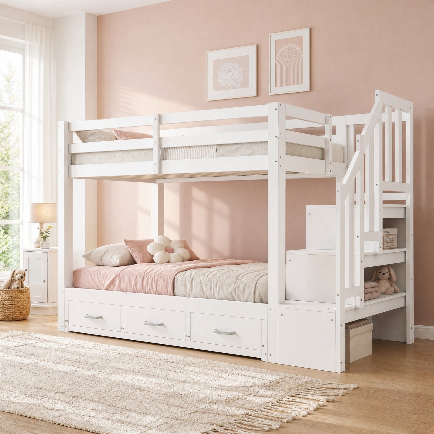 WUVRIE Stapelbed 90x200 cm - Uitschuifbaar onderbed en opbergladder - 3 laden - Wit