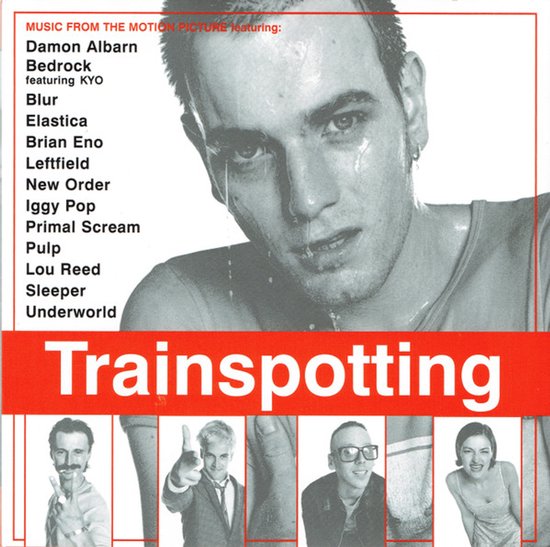 Trainspotting soundtrackhoes met zwart-witportret van man in water en vijf kleinere foto's van de cast onderin.