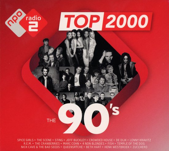 Cover van Top 2000 The 90's cd met een fotocollage van diverse artiesten op een rode achtergrond.