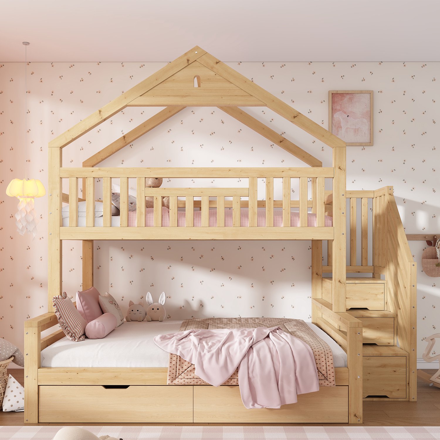WUVRIE Kinderstapelbed 90x200 en 140x200 cm - Trapkast, 2 lades en puntdak - Eiken Eikenkleur