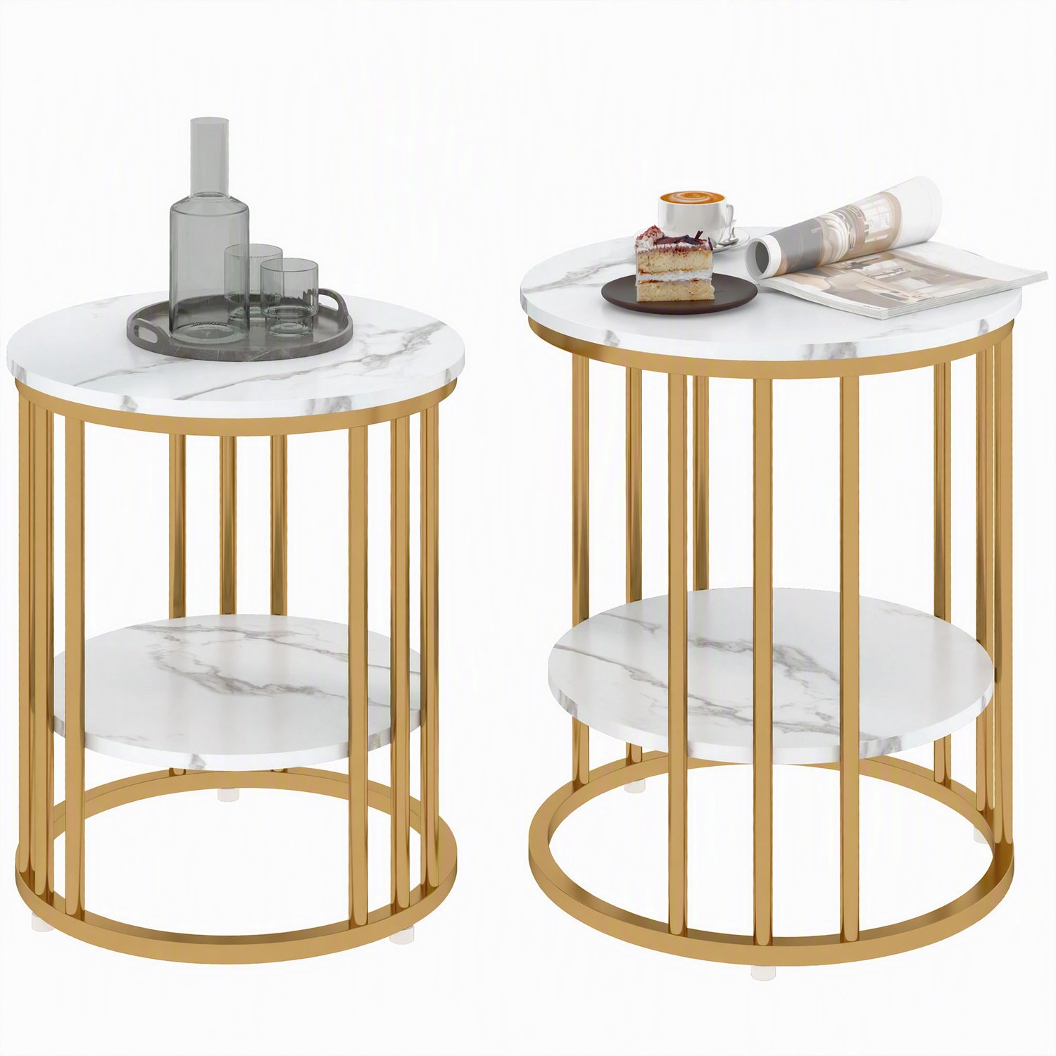 Homcom Salontafel Set van 2 Marmerlook - Bijzettafel, Ronde Salontafel, Nachtkastje - Wit en Goud Wit;Goud