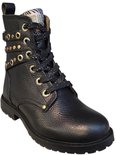 Zwarte leren Develab bikerboot, gedecoreerd met gouden accenten en gespen aan de zijkant.
