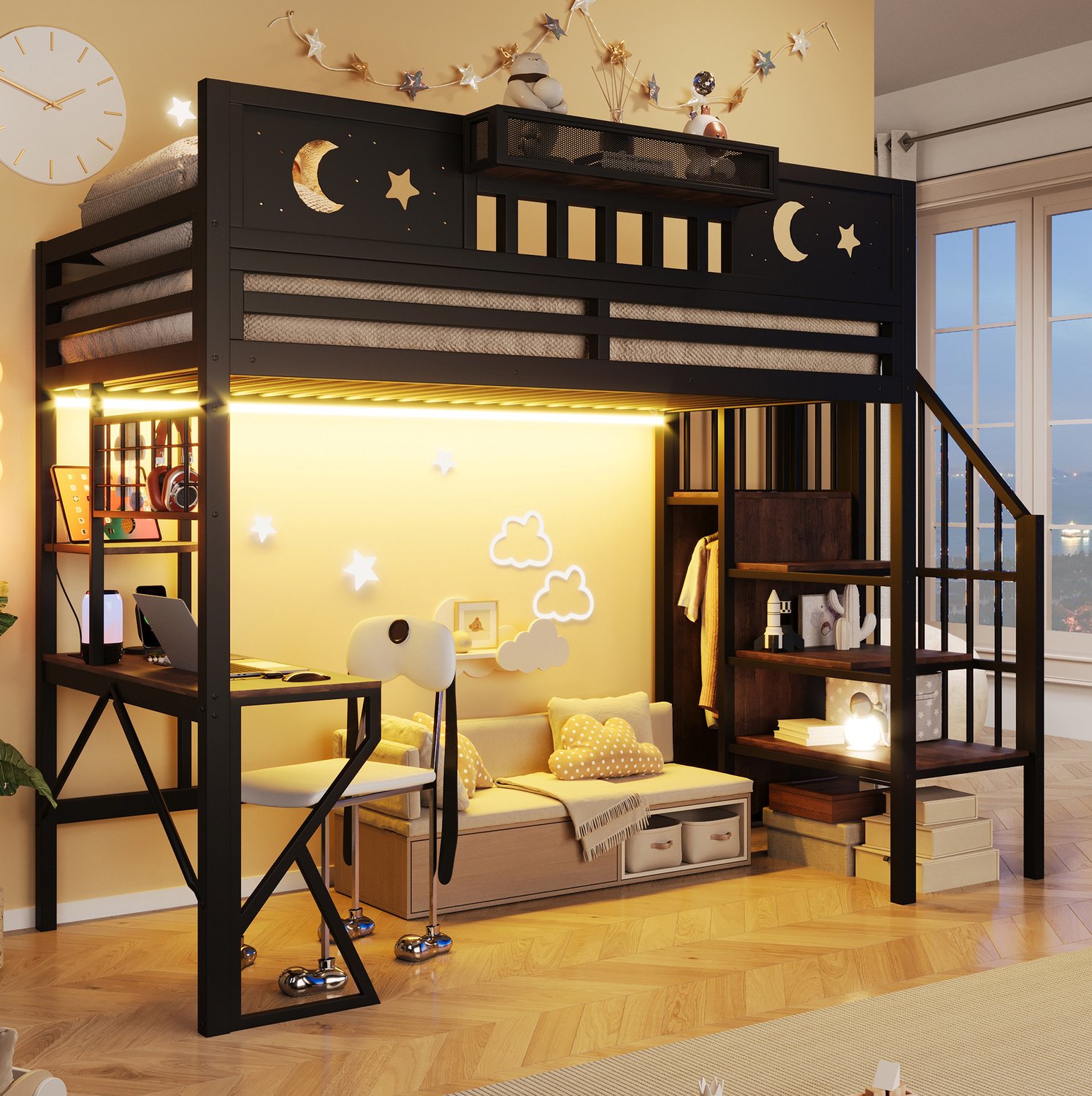 STILVORA Hoogslaper 90 x 200 cm – Met Bureau en Lichtstrip – Opbergtrap en Legplanken – Voor Kinderen – Metaal en MDF – Zonder Matras – Zwart