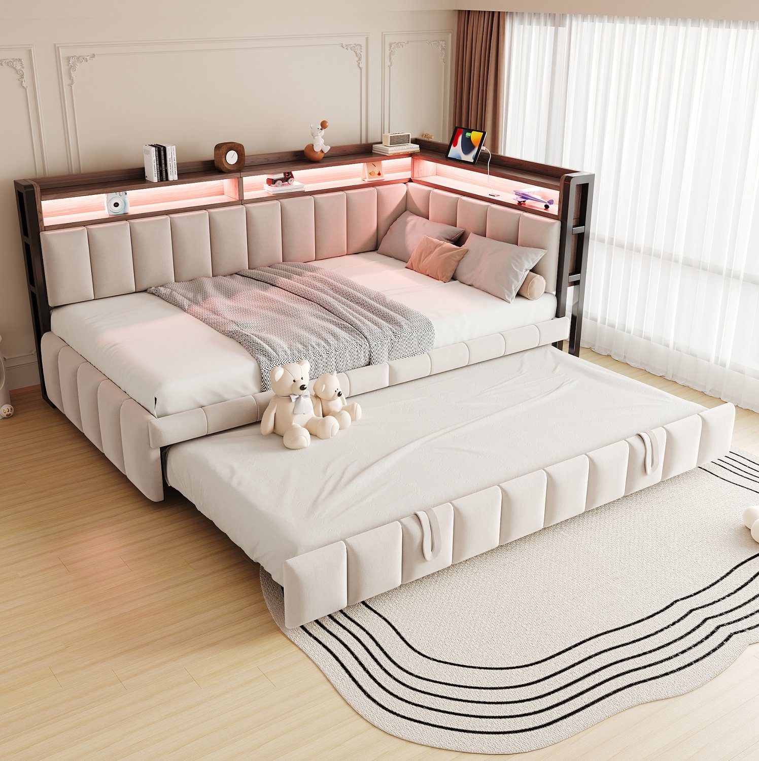 OKWISH Gestoffeerde Slaapbank 90x200 cm - Uitschuifbed met Verstelbare Verlichting - Opbergruimte en Oplaadaansluitingen - Fluweel - Beige