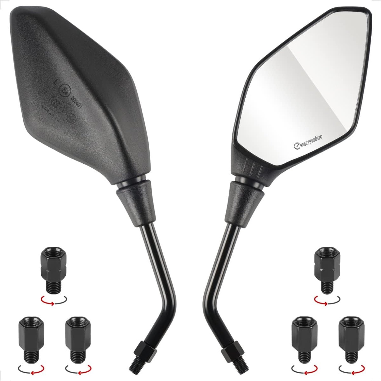 Evermotor Universal Motorcycle Rearview Mirror Set, E-Tested, 2 x M10 Right Thread, 2 x M8 Right Thread + 1 x M10 Left - ShopVlot