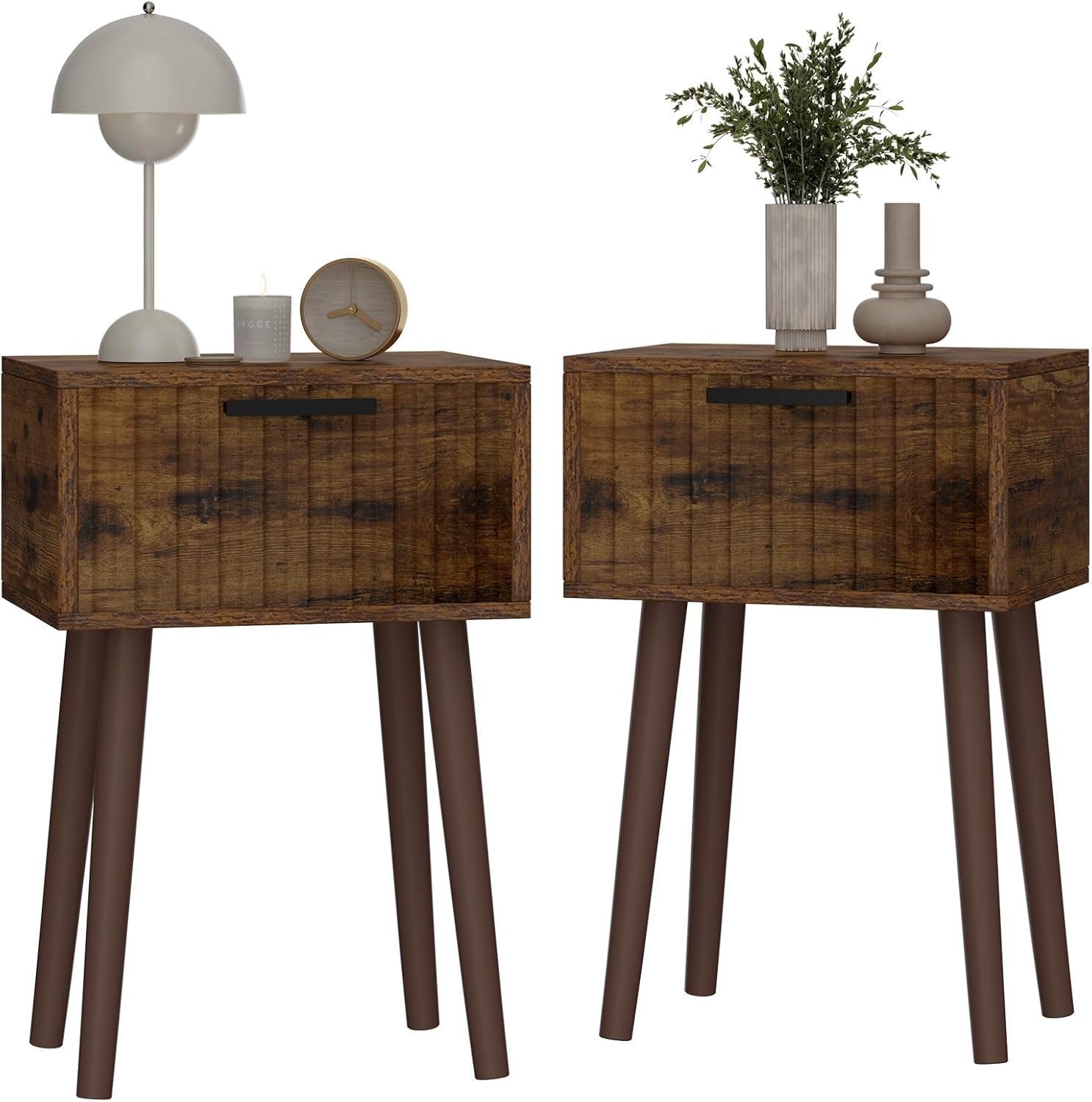 SnelShoppen - Bedside Table Set van 2 - Ribbed Nachtkastjes met Magnetische Lade en Houten Poten - Ruimtebesparende Side Tables voor Slaapkamer en Woo