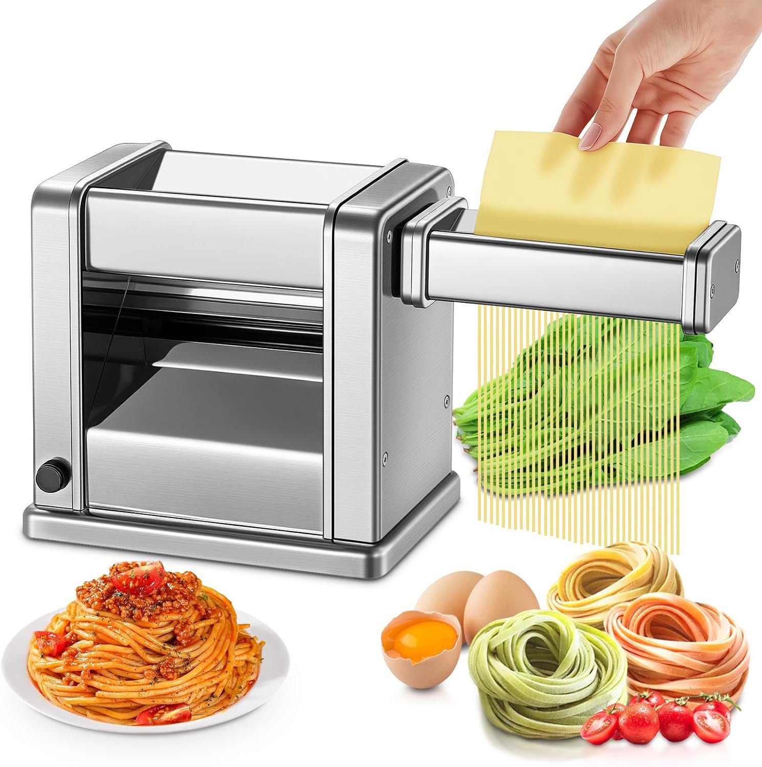 SnelShoppen - Elektrische Pasta Maker RVS met 2 Snijbladen (1.5 mm/6.6 mm) en 7 Dikte-instellingen (0.5-3 mm) voor Verse Pasta, Fettuccine en Meer - K