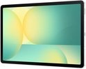 Zilverkleurige Samsung Galaxy Tab S10 FE tablet, schuin vooraanzicht, getoond met kleurrijk abstract scherm.