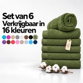 Set van 6 olijfgroene handdoeken met katoentakjes, verkrijgbaar in 16 kleuren.