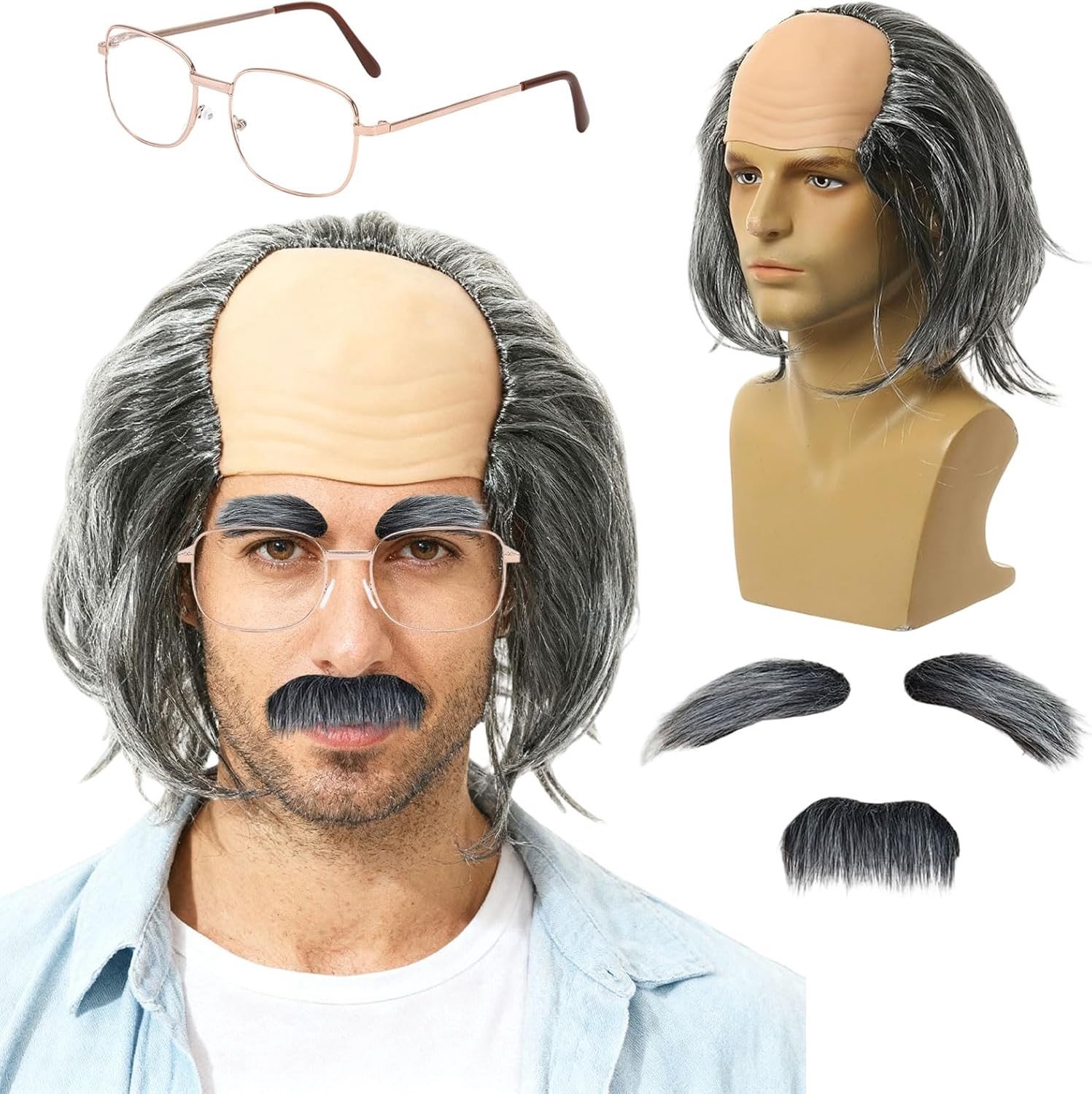 Albert Einstein pruikset voor volwassenen en kinderen, inclusief labpruiken, nerdbril, snor en wenkbrauwen voor kostuumfeest en Halloween.