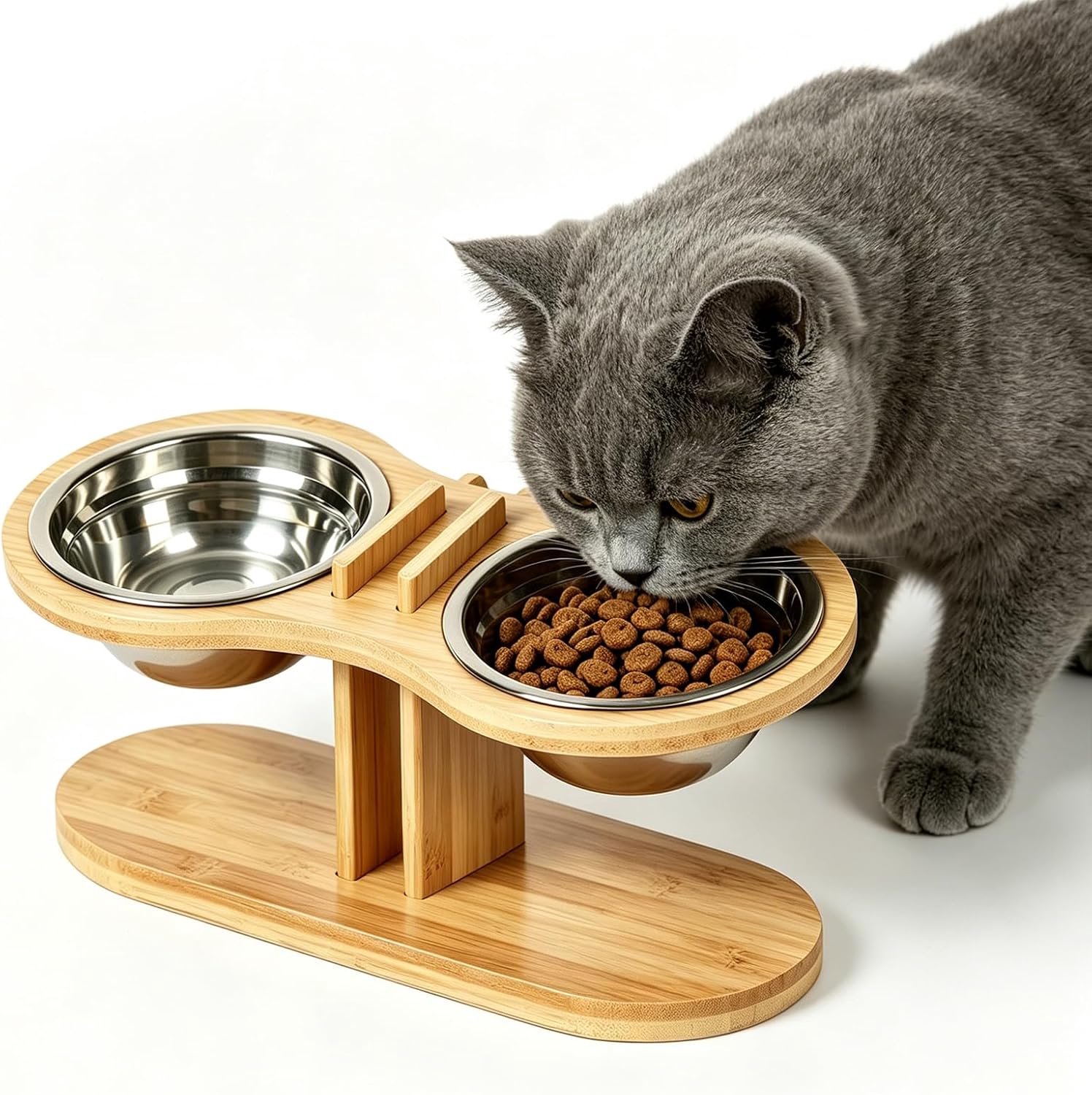 SnelShoppen - Set van 2 Verhoogde Voerbakken voor Katten, Verhoogd Voederstation met 2 Voerbakken, 15 Graden Hellend en In Hoogte Verstelbaar voor Wat