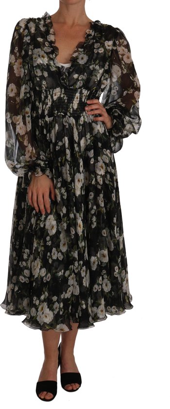 Dolce & Gabbana - Robe droite trapèze noire en Silk à motif marguerites