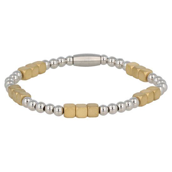 Edelstalen elastische armband -zilver-goudkleurig - Leuke armband waarbij de zilverkleurige balletjes gecombineerd zijn met goudkleurig matte edelstalen cubes - Met luxe cadeauverpakking