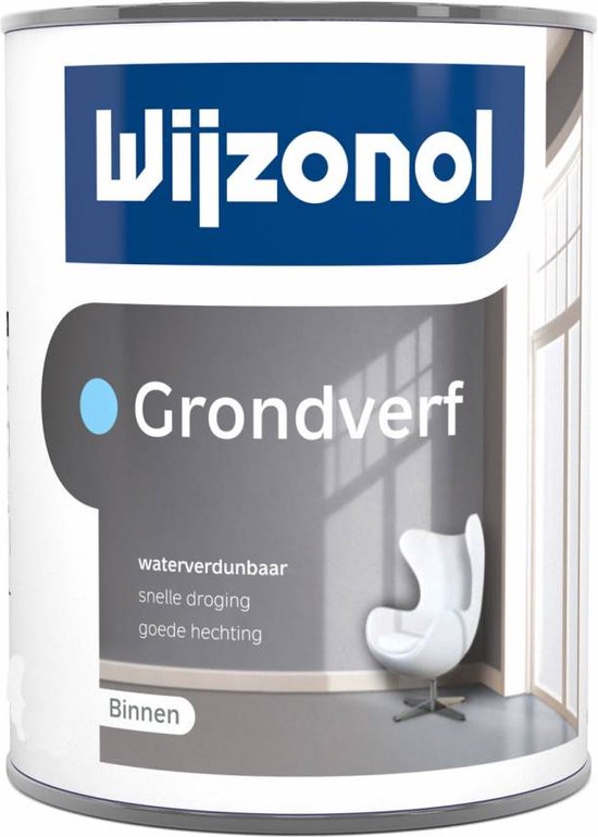 Blik Wijzonol grondverf, waterverdunbaar, snelle droging, goede hechting, binnen. Grijze tekst op wit blik.