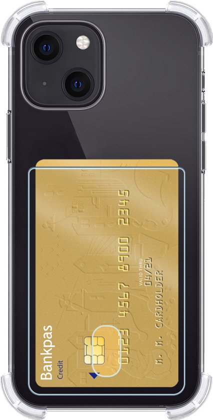Téléphone noir avec coque transparente, une carte bancaire dans le porte-cartes au dos.