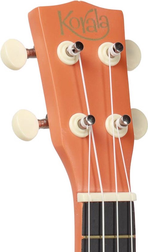 Oranje ukulele-kop met witte stemknoppen, metalen mechanieken en het Korala logo.