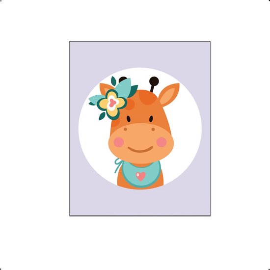PosterDump - Lieve giraf met bloemetjes paars - Baby / kinderkamer poster - Dieren poster - 50x40cm
