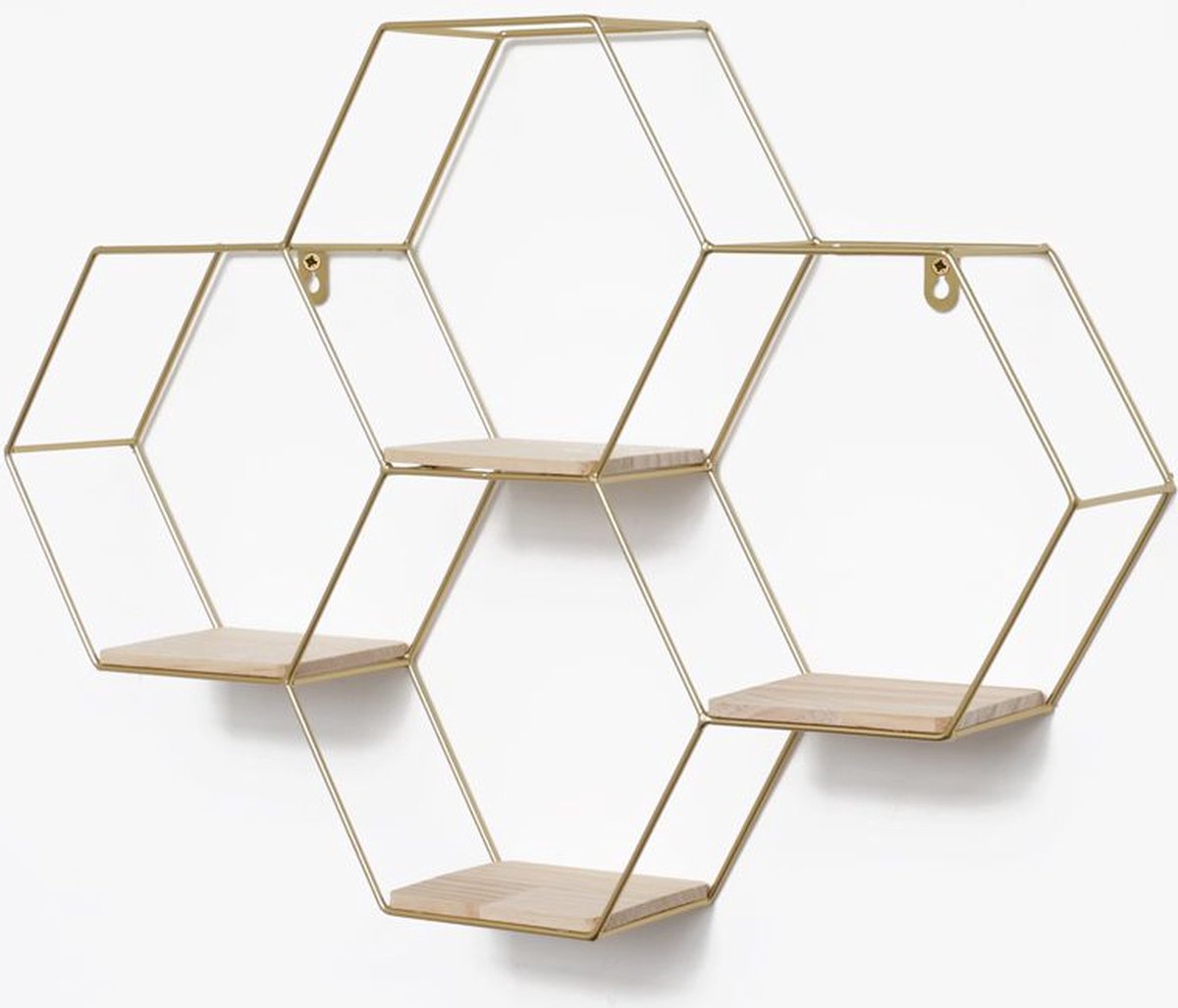 IVOL Honingraat-vormig wandrek van metaal, 3 houten vloeren, 40,5 x 41 cm, zwart, hangend wandrek voor woonkamer, wanddecoratie, hexagon