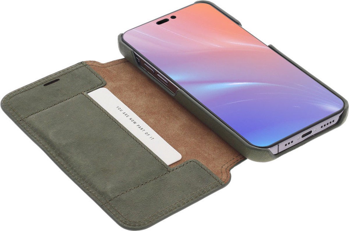 Minim Hoesje Wallet Book Case Echt Leer Groen Geschikt voor Apple iPhone 14 Pro