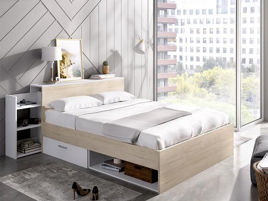 Netelig Ongehoorzaamheid controleren Bed met hoofdeinde bed, opbergruimte en lades - 140 x 190 cm - Kleur: Wit  en naturel -... | bol.com