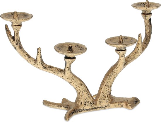 Gouden gewei kandelaar met vier armen, mat goudkleurig.