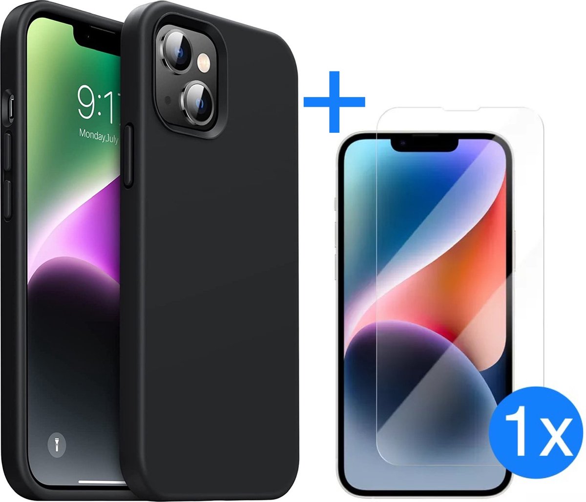 iPhone 14 Hoesje Zwart - iPhone 14 Case Zwart - Apple iphone 14 Siliconen Hoesje Case Back Cover - 1 x iPhone 14 Screenprotector - iPhone 14 Glas Protector