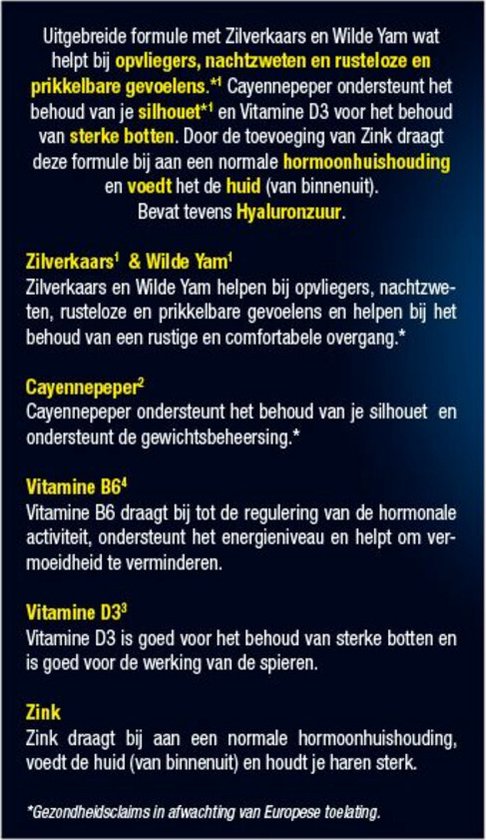 Tekst over ingrediënten van Lucovitaal Overgang Balans, zoals zilverkaars, yam, cayennepeper en vitamine D3.