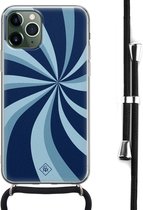 Casimoda® hoesje met koord - Geschikt voor iPhone 11 Pro Max - Blauw Retro Lijnen - Afneembaar koord - Siliconen/TPU - Mint