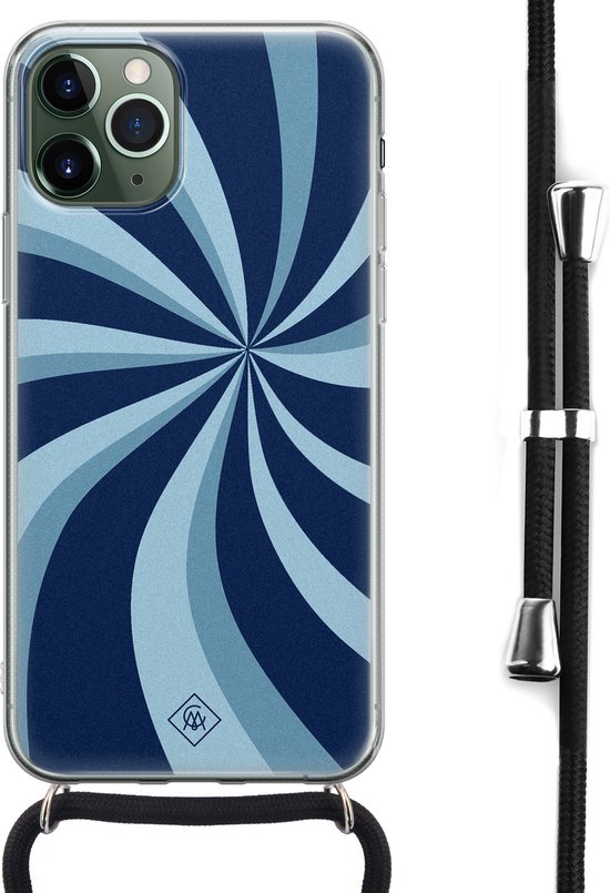 Casimoda® hoesje met koord - Geschikt voor iPhone 11 Pro Max - Blauw Retro Lijnen - Afneembaar koord - Siliconen/TPU - Mint