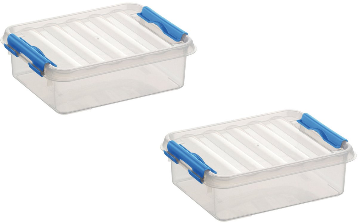 Sunware 4x stuks sunware q-line opberg box/opbergdoos - 1 liter - 20 x 15 x 6 cm - kunststof - opslagbox - transparant/blauw