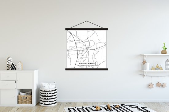 Porte-affiche avec Affiche - Affiche scolaire - Plan de ville - Carte - België - Zwart Wit - Fosses la Ville - Carte - 120x120 cm - Lattes noires