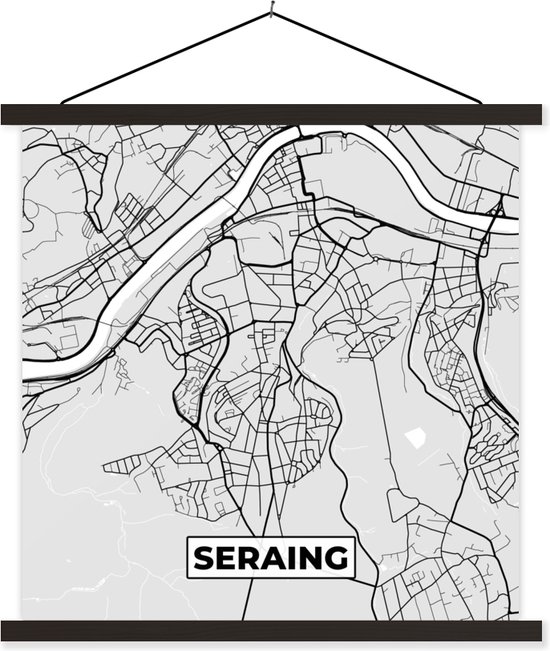Posterhanger incl. Poster 120x120 cm - Schoolplaat - Plattegrond – Seraing – Zwart Wit – Stadskaart - Kaart - Textielposter - Zwarte latten - Plattegrond