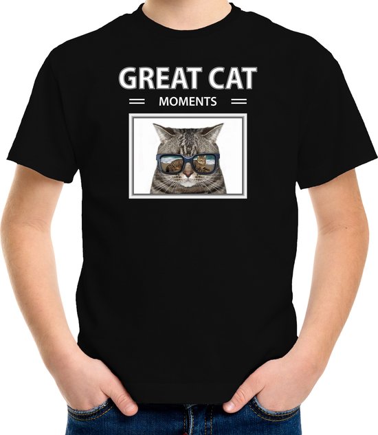 Dieren foto t-shirt grijze kat - zwart - kinderen - great cat moments - cadeau shirt katten liefhebber - kinderkleding / kleding 110/116
