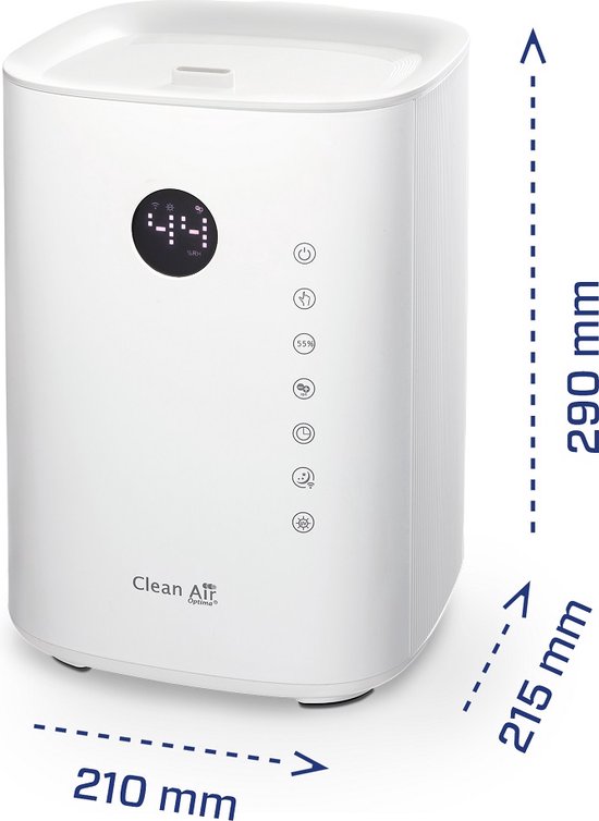 Witte Clean Air Optima luchtbevochtiger met digitaal display, afmetingen 210x215x290mm.