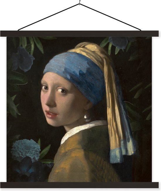 Posterhanger incl. Poster - Schoolplaat - Het meisje met de parel - Vermeer - Kunst - 90x90 cm - Zwarte latten