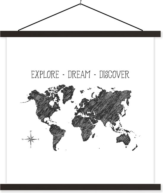 Affiche scolaire - Wereldkaart - Boussole - Citation - 60x60 cm - Lattes noires