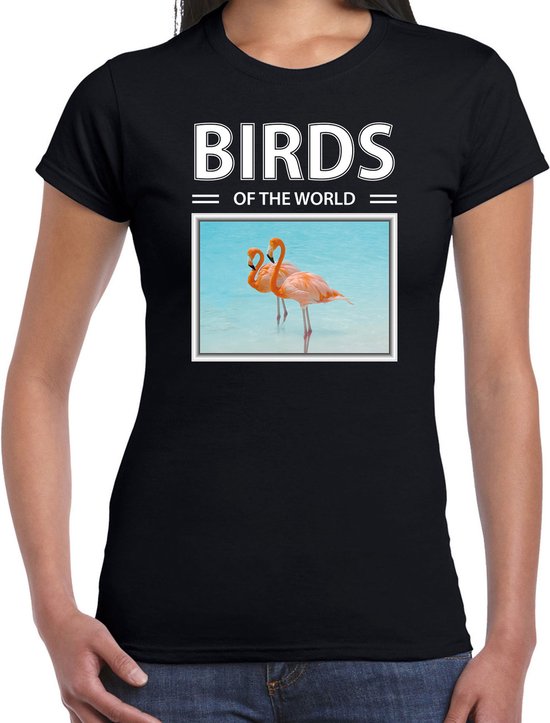 Dieren foto t-shirt Flamingo - zwart - dames - birds of the world - cadeau shirt Flamingos liefhebber M