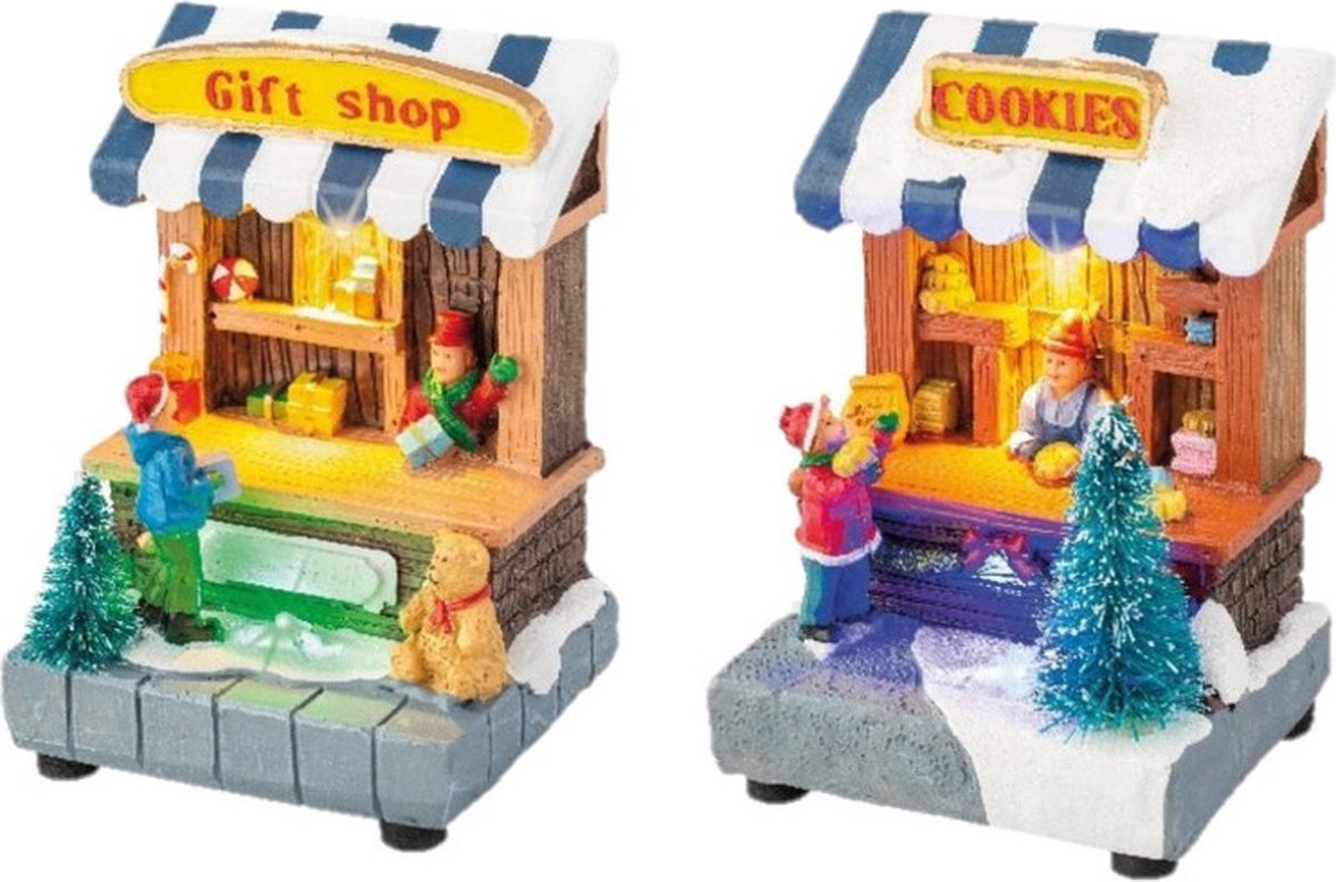 Kerstdorp cadeau winkel en koekjes winkel - verlichting - 11 cm hoog - set van 2 kersthuisjes
