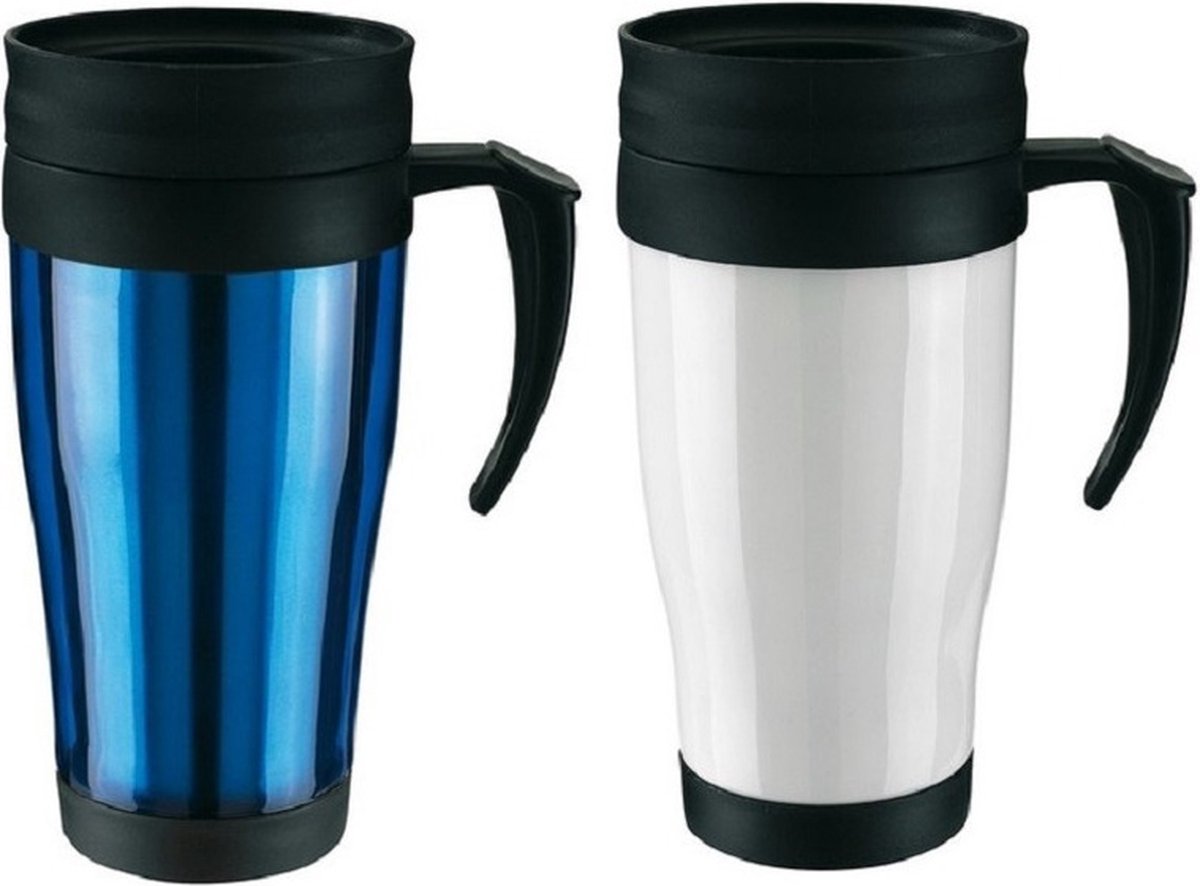 Set van 2x Thermosbekers/warmhoud bekers blauw en wit 400 ml - Isolerende drinkbekers voor koffie/thee