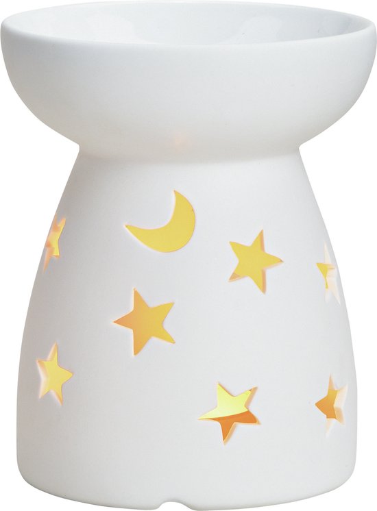 Ronde geurbrander/oliebrander met maan en sterren decoratie keramisch wit 10 x 11 cm - Waxbrander - Aromabrander - Geurbranders - Geuroliebranders