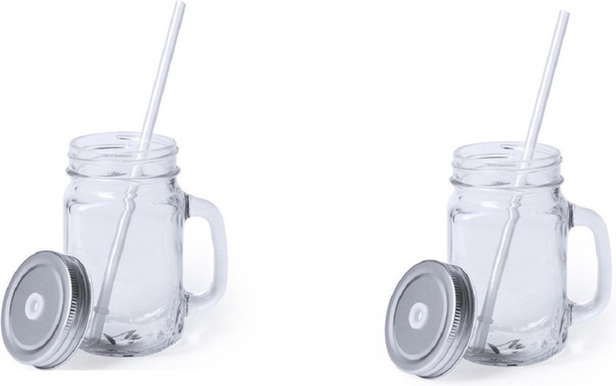 Goedkoopste Bellatio Design Mason Jar Drinkfles met rietje en - 500ml - Glas - Grijs - 2 stuks