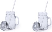 Bellatio Design Mason Jar Drinkfles met rietje en - 500ml - Glas - Grijs - 2 stuks