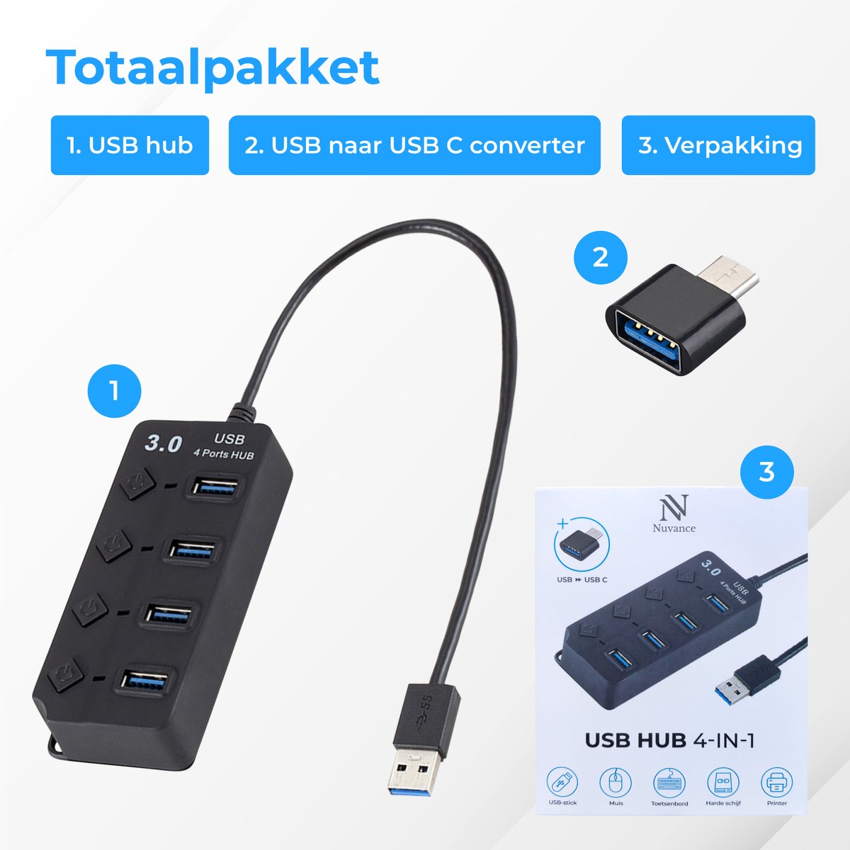 Répartiteur USB - Hub USB - 4 ports - USB 3.0 - 5G - Zwart