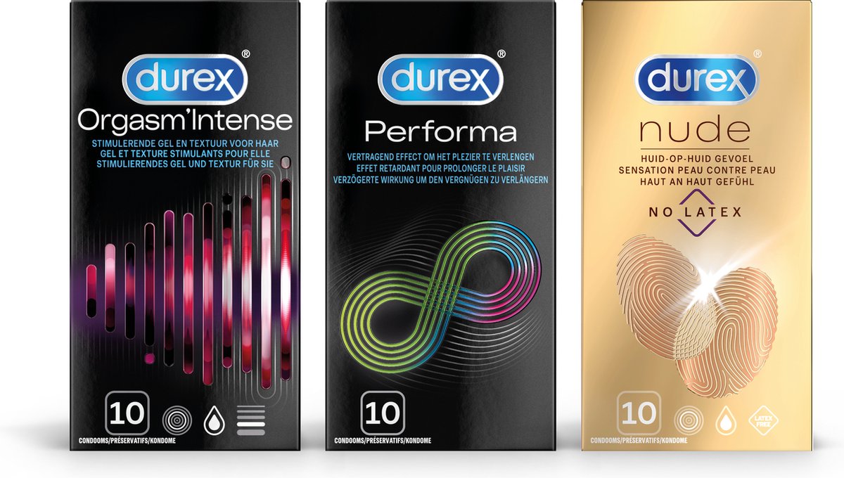 Durex Orgasm Intense Condooms 10 stuks, Performa Condooms 10 stuks&Nude No Latex Condooms 1 stuks Pakket