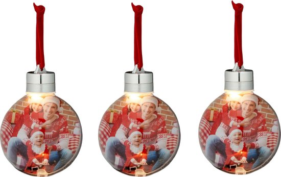 6x stuks DIY foto/fotolijst kunststof kerstballen transparant 8 cm met verlichting - Kerstversiering/kerstboomversiering